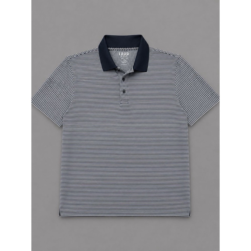IZOD Golf Polo Shirt Mens XL Navy White Striped Stretch Short Sleeve Golf Shirt